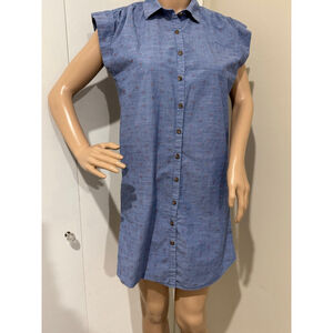 Women's LOFT Petite Blue Red Dotted sleeveless button front Mini shirt Dress SP